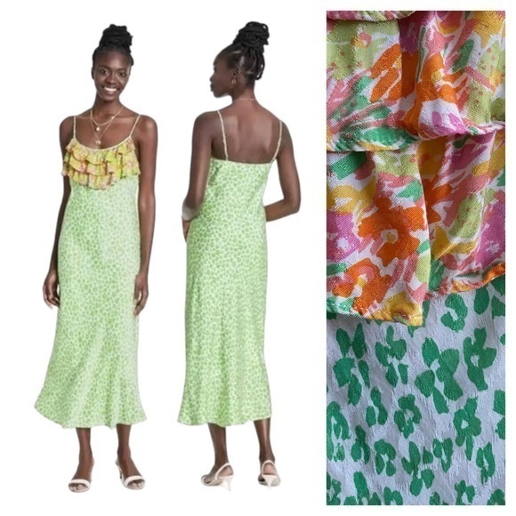 RIXO Dresses & Skirts - Rixo X Target Green Animal Leopard Print Colorful Ruffle Midi Slip Dres Large